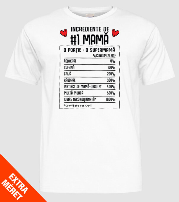 Ingrediente de Mamă - o porție : o supermamă - %consum zilnic* relaxare, cofeină, grijă, răbdare, instinct de mamă-ursuleț, mult model alb pe tricou
