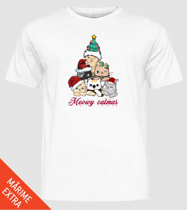 Meowy catmas model alb pe tricou
