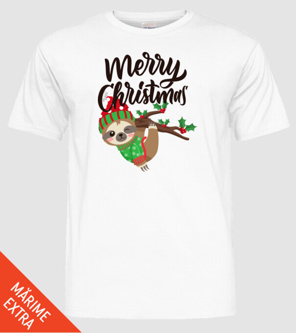 Merry christmas sloth model alb pe tricou