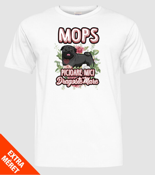 Mops negru picioare mici dragoste mare model alb pe tricou