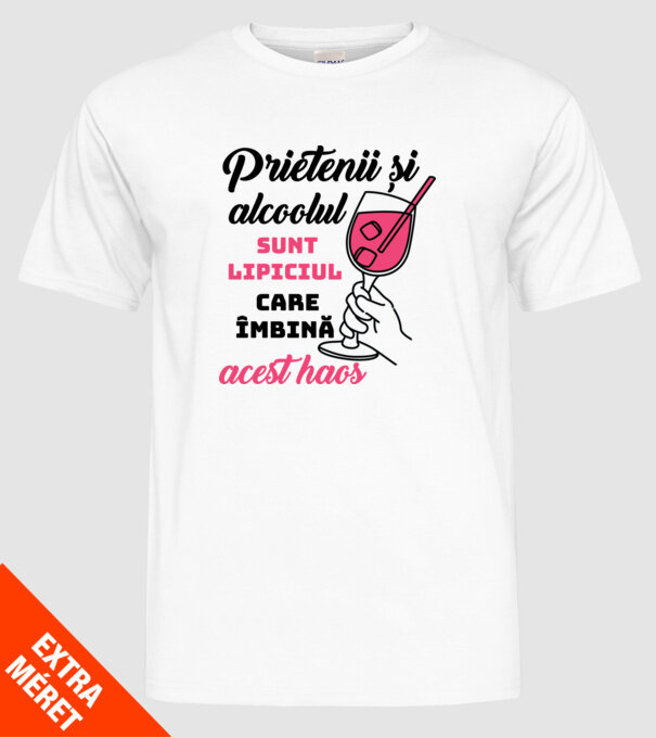 Prietenii și alcoolul sunt lipiciul care îmbină acest haos model alb pe tricou