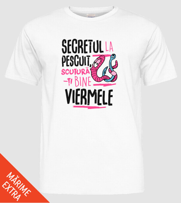 Secretul la pescuit scutură-ți bine viermele model alb pe tricou