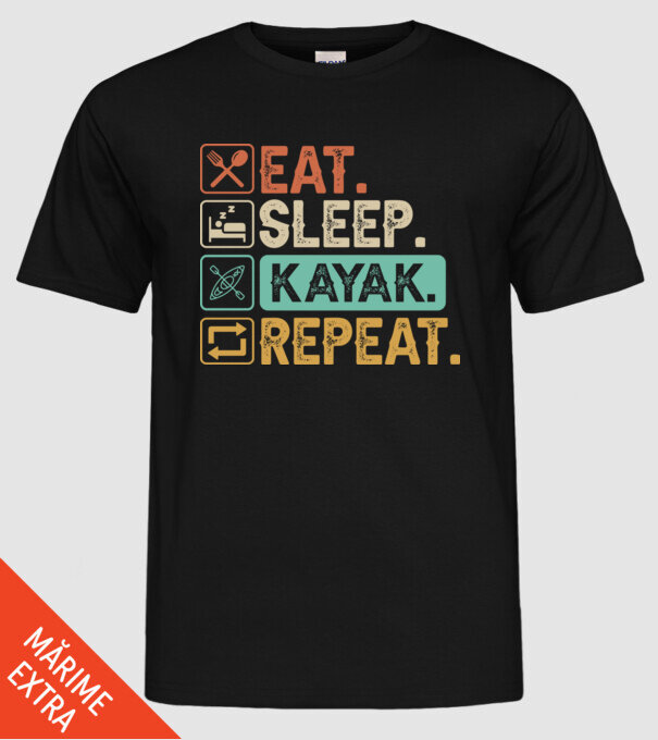 Eat Sleep Kayak model negru pe tricou