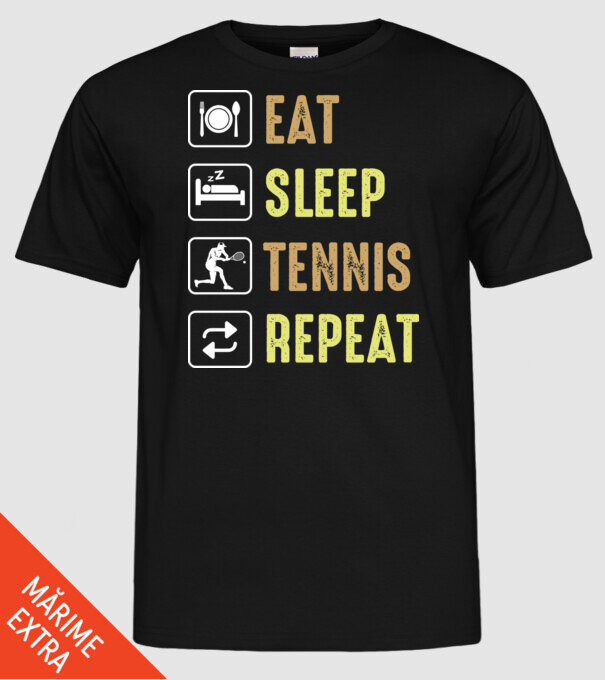 eat sleep tennis repeat model negru pe tricou
