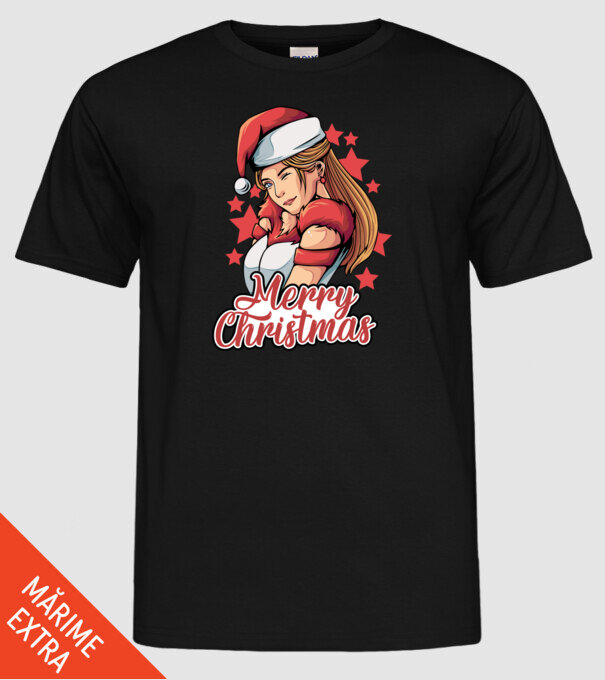 Merry christmas santa girl model negru pe tricou
