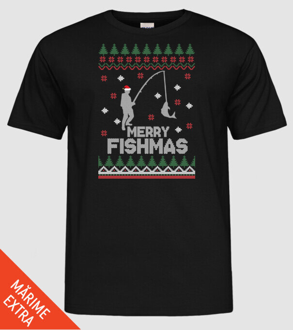Merry Fishmas model negru pe tricou