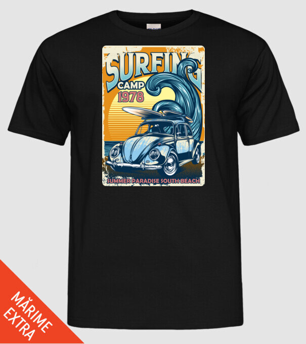 Surfer Camp model negru pe tricou