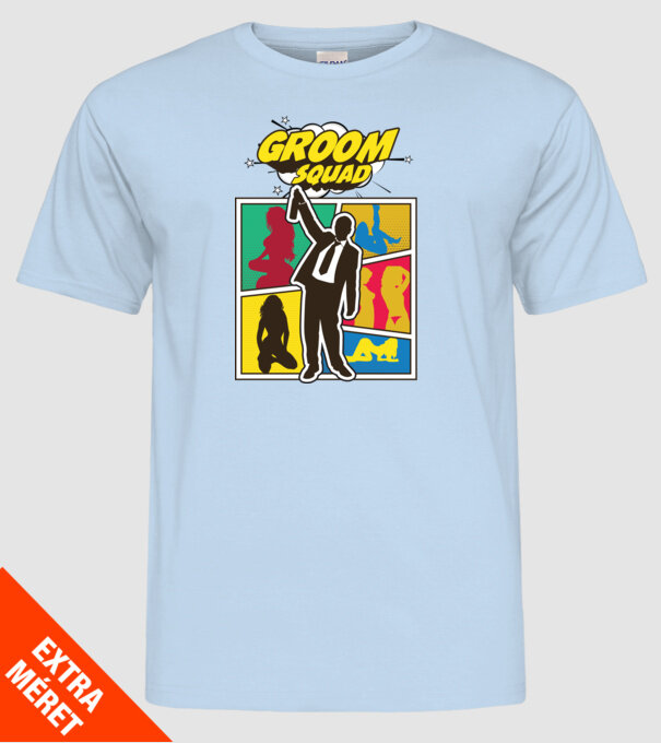 Comic Groom Squad model albastru deschis pe tricou