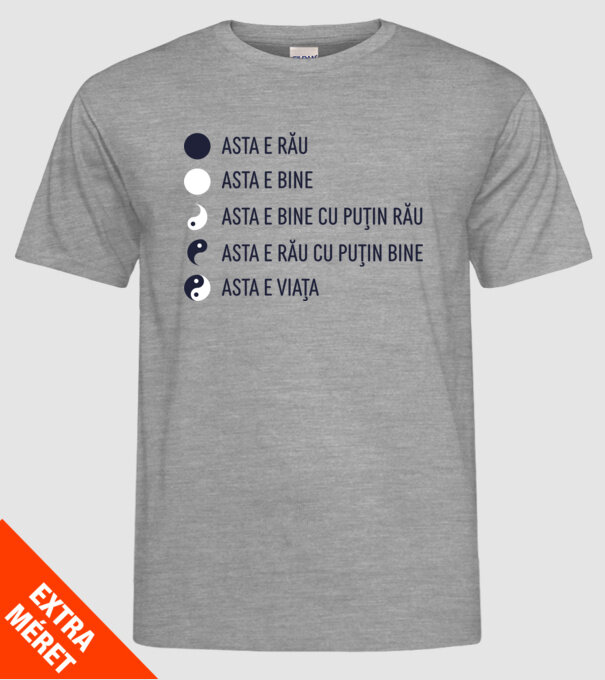 asta e rău, asta e bine, asta e bine cu puțin rău, asta e rău cu puțin bine, asta e viața model gri pe tricou