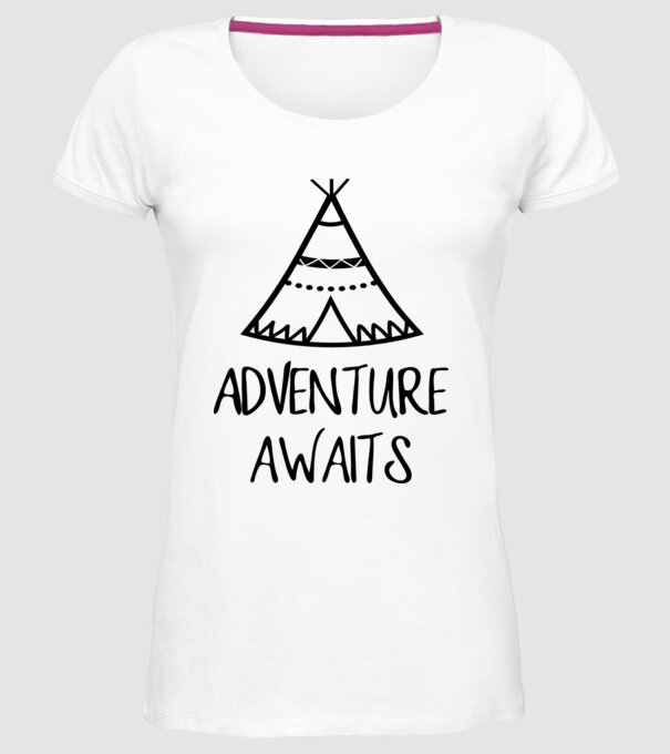 Adventure awaits teepee model alb pe tricou