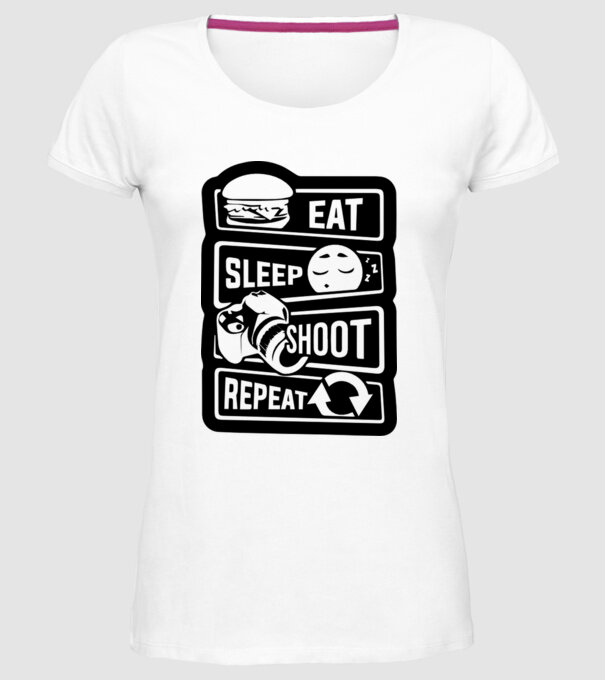 eat sleep shoot repeat model alb pe tricou