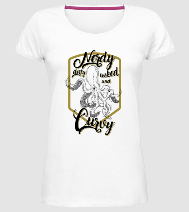 Nerdy, dirty, inked and curvy model alb pe tricou