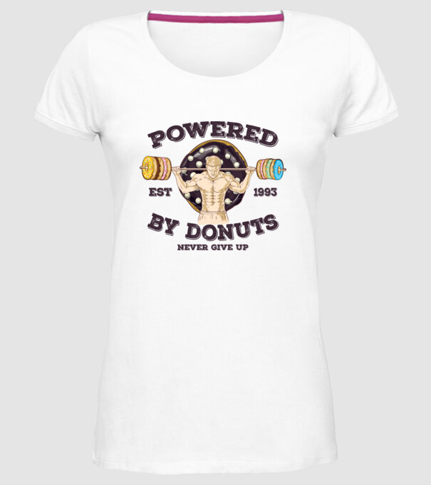 Powered by donuts model alb pe tricou