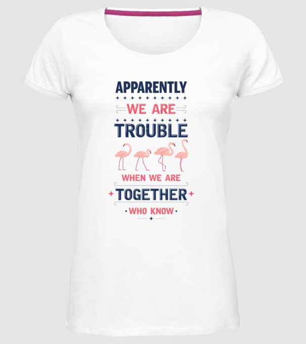 Trouble together flamingos model alb pe tricou