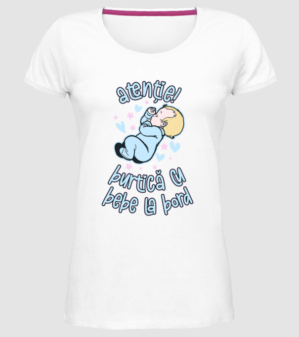 atenție! burtică cu bebe la bord model alb pe tricou
