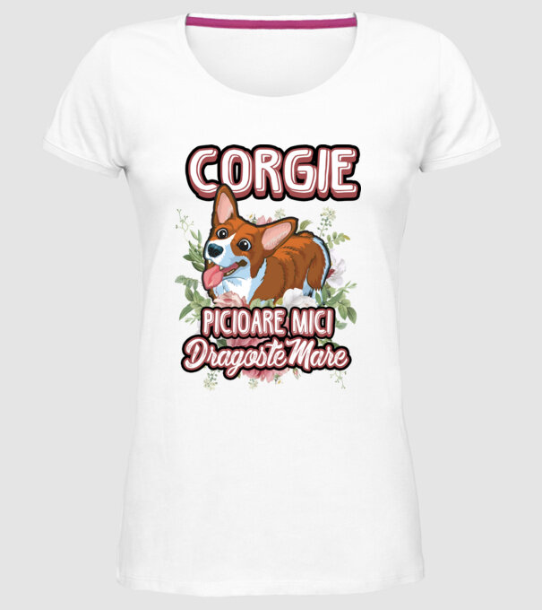 corgie : picioare mici dragoste mare model alb pe tricou