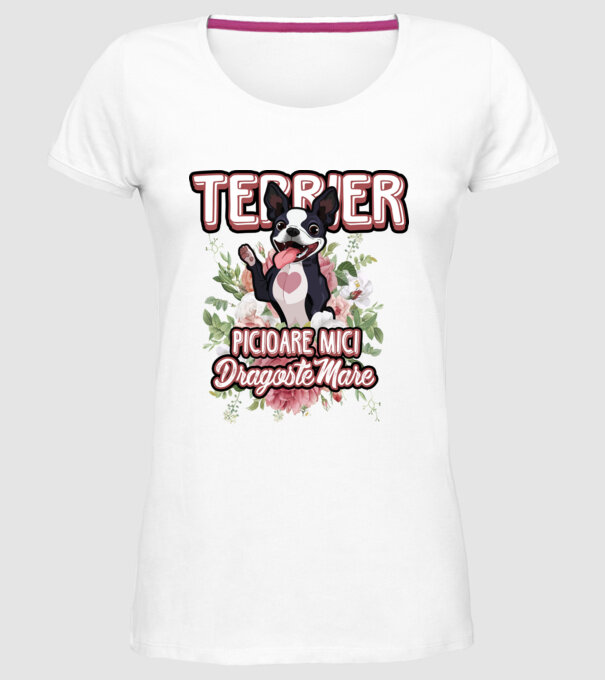 terrier : picioare mici dragoste mare model alb pe tricou