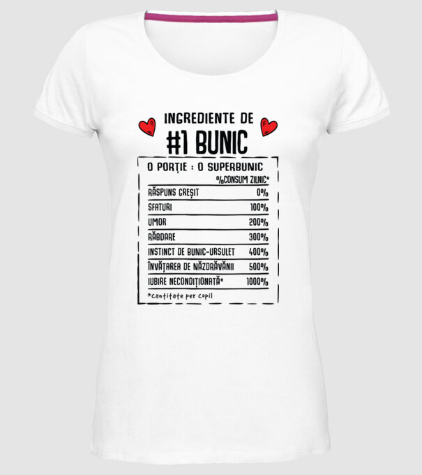 Ingrediente Bunic - o porție : un superbunic - %consum zilnic* răspuns greșit, sfaturi, umor, răbdare, instinct de bunic-ursuleț model alb pe tricou