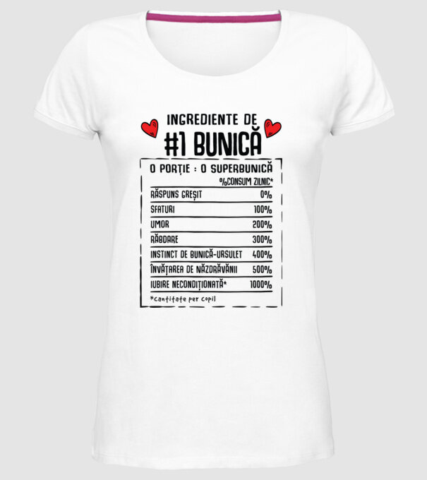 Ingrediente Bunică - o porție : o superbunică - %consum zilnic* răspuns greșit, sfaturi, umor, răbdare, instinct de bunică-ursul model alb pe tricou