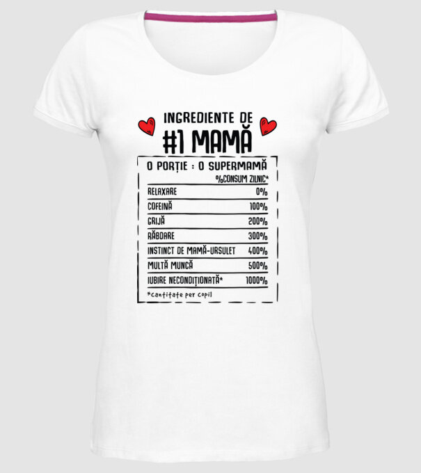 Ingrediente de Mamă - o porție : o supermamă - %consum zilnic* relaxare, cofeină, grijă, răbdare, instinct de mamă-ursuleț, mult model alb pe tricou