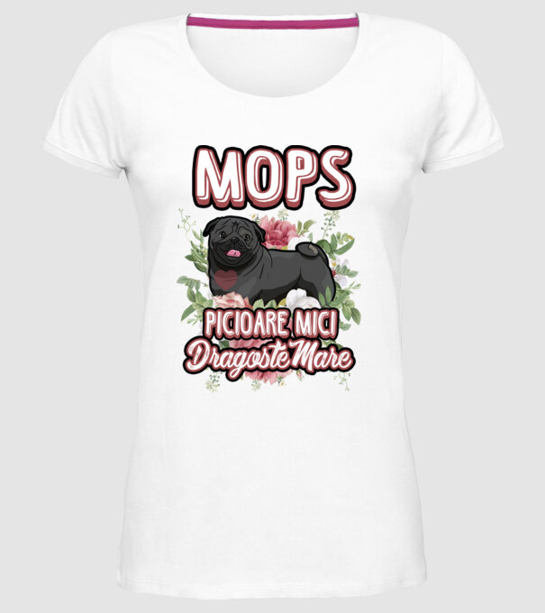 Mops negru picioare mici dragoste mare model alb pe tricou