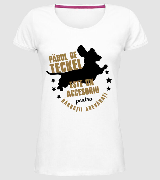 părul de teckel este un accesoriu pentru bărbații adevărați model alb pe tricou