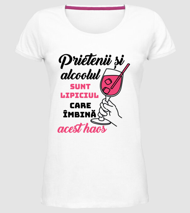 Prietenii și alcoolul sunt lipiciul care îmbină acest haos model alb pe tricou