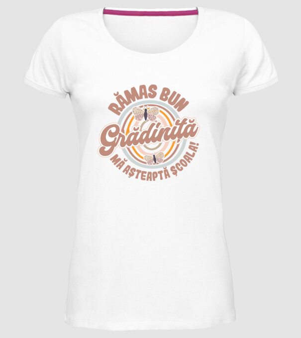 Rămas bun grădiniță, mă așteaptă școala! model alb pe tricou