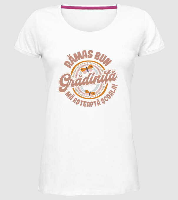 Rămas bun grădiniță, mă așteaptă școala! model alb pe tricou