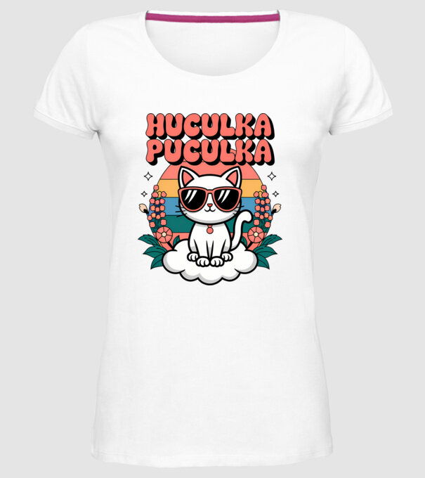 Huculka Puculka pisică 1 model alb pe tricou