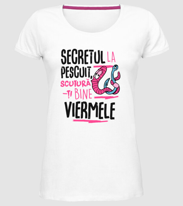 Secretul la pescuit scutură-ți bine viermele model alb pe tricou