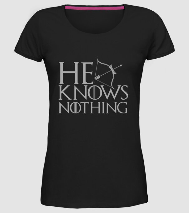 Cuplu He knows nothing model negru pe tricou