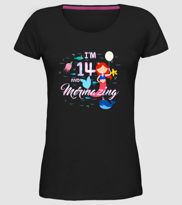 Mermazing Birthday 14 model negru pe tricou