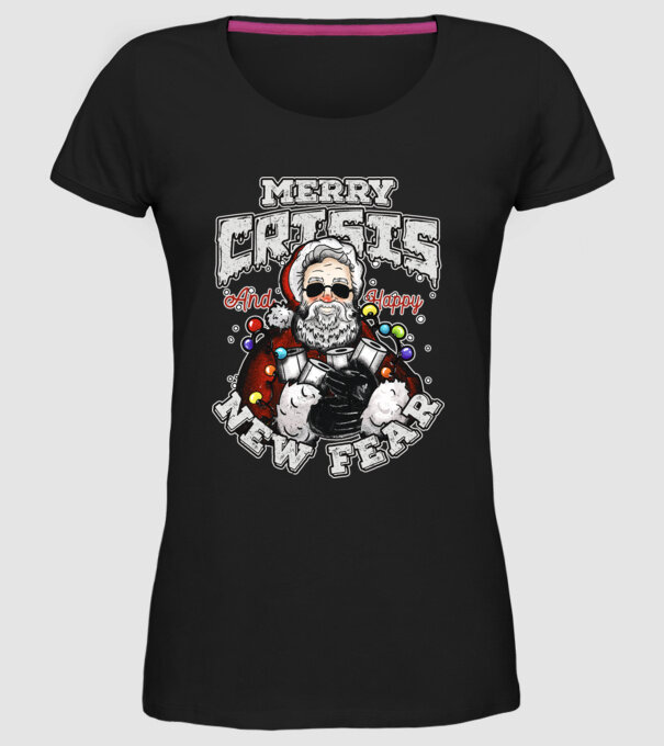 Merry Crisis and Happy New Fear model negru pe tricou