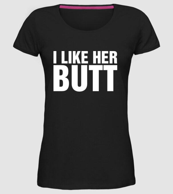 Motiv cuplu I like her butt model negru pe tricou