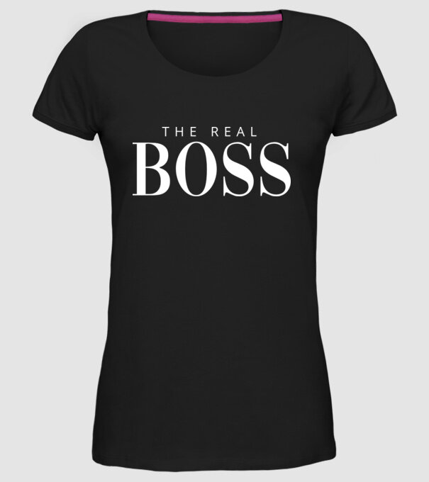 Motiv cuplu The REAL Boss model negru pe tricou