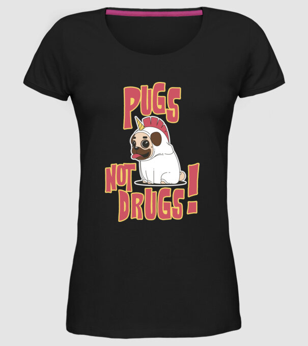 Pugs not drugs model negru pe tricou