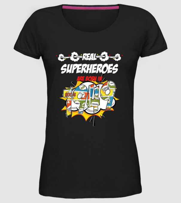 real superheroes are born in 1949 model negru pe tricou