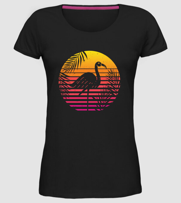 Retro flamingo sunset model negru pe tricou