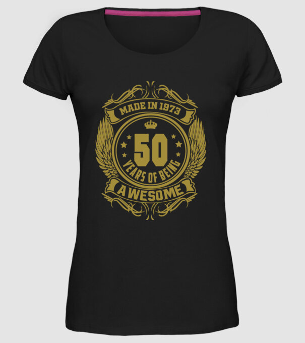 50 years of being awesome winged model negru pe tricou