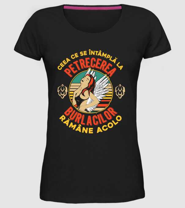 Ceea ce se întâmplă la petrecerea burlacilor rămâne la petrecerea burlacilor model negru pe tricou