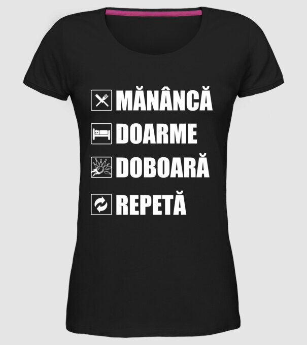 mănâncă doarme doarme doboară repetă model negru pe tricou