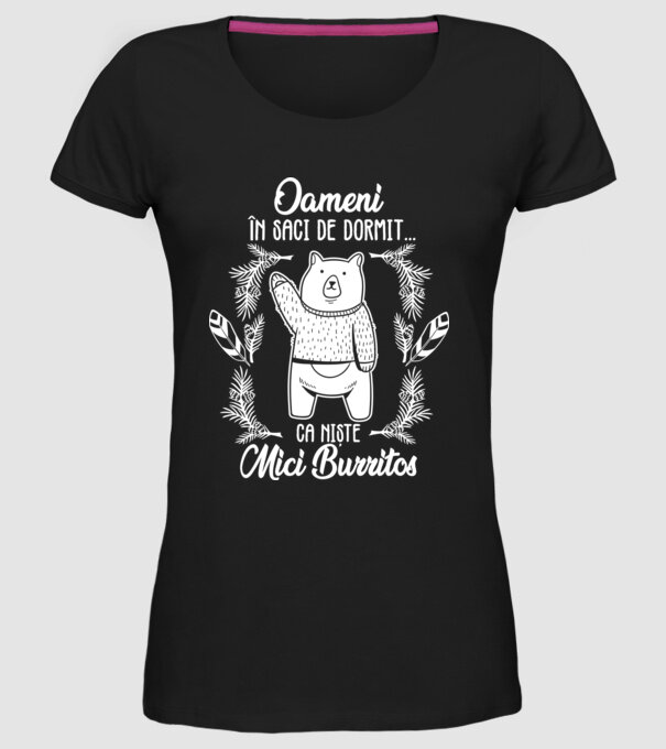 oameni în saci de dormit... ca niște mici burritos model negru pe tricou