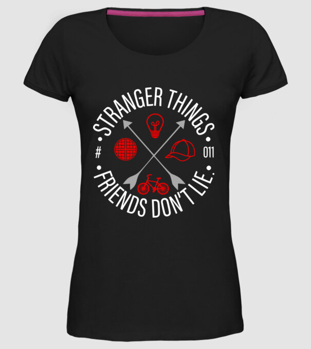 stranger things friends dont lie model negru pe tricou