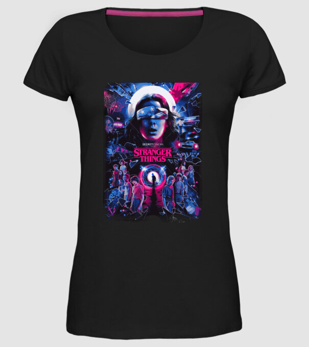 stranger things poster neon model negru pe tricou