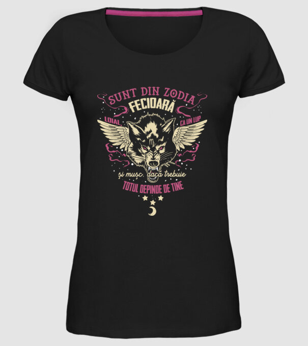 Fecioară model negru pe tricou