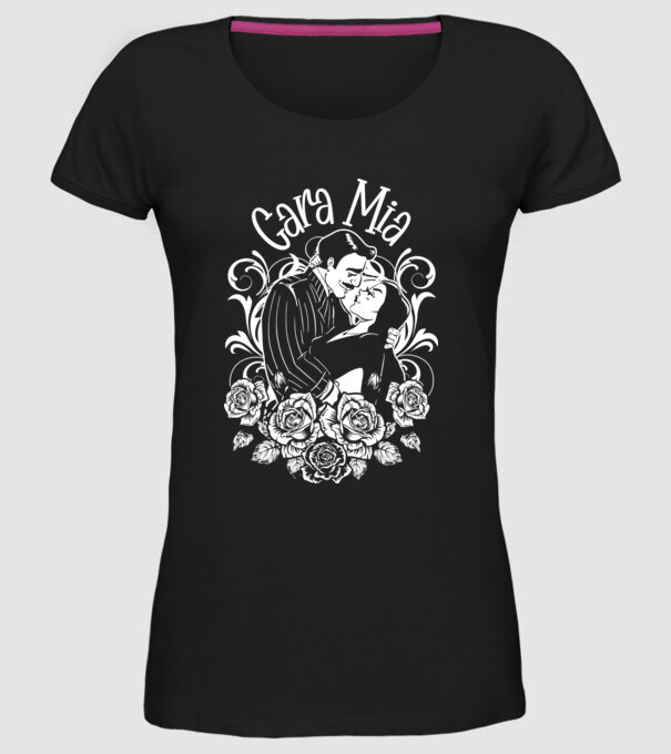 Addams family couple shirt Morticia and Gomez Cara Mia model negru pe tricou