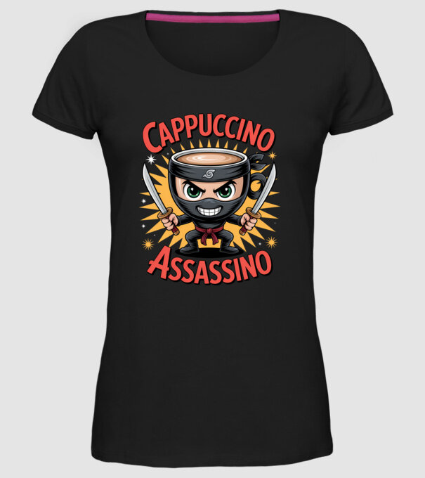 Cappuccino Assasino model negru pe tricou