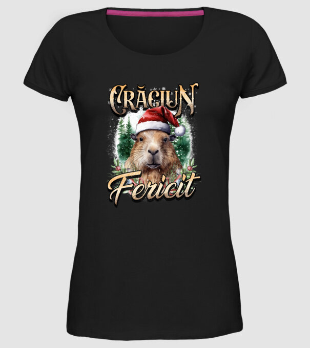 Capybara christmas model negru pe tricou