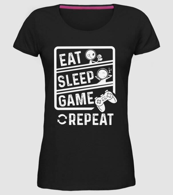 Eat sleep game repeat model negru pe tricou